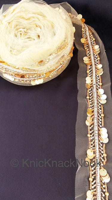 Beige Net Fabric Trim With Gold, White And Silver Beads, Gold Sequins Embellishments